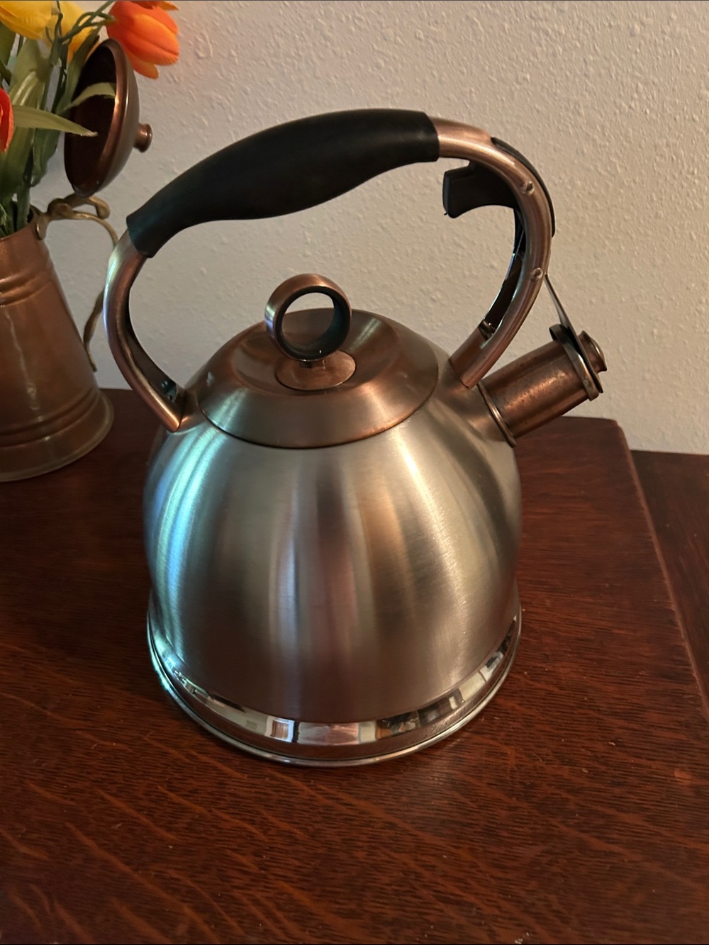 LuxGrace Brushed Stainless Steel Whistling Kettle with Black Handle